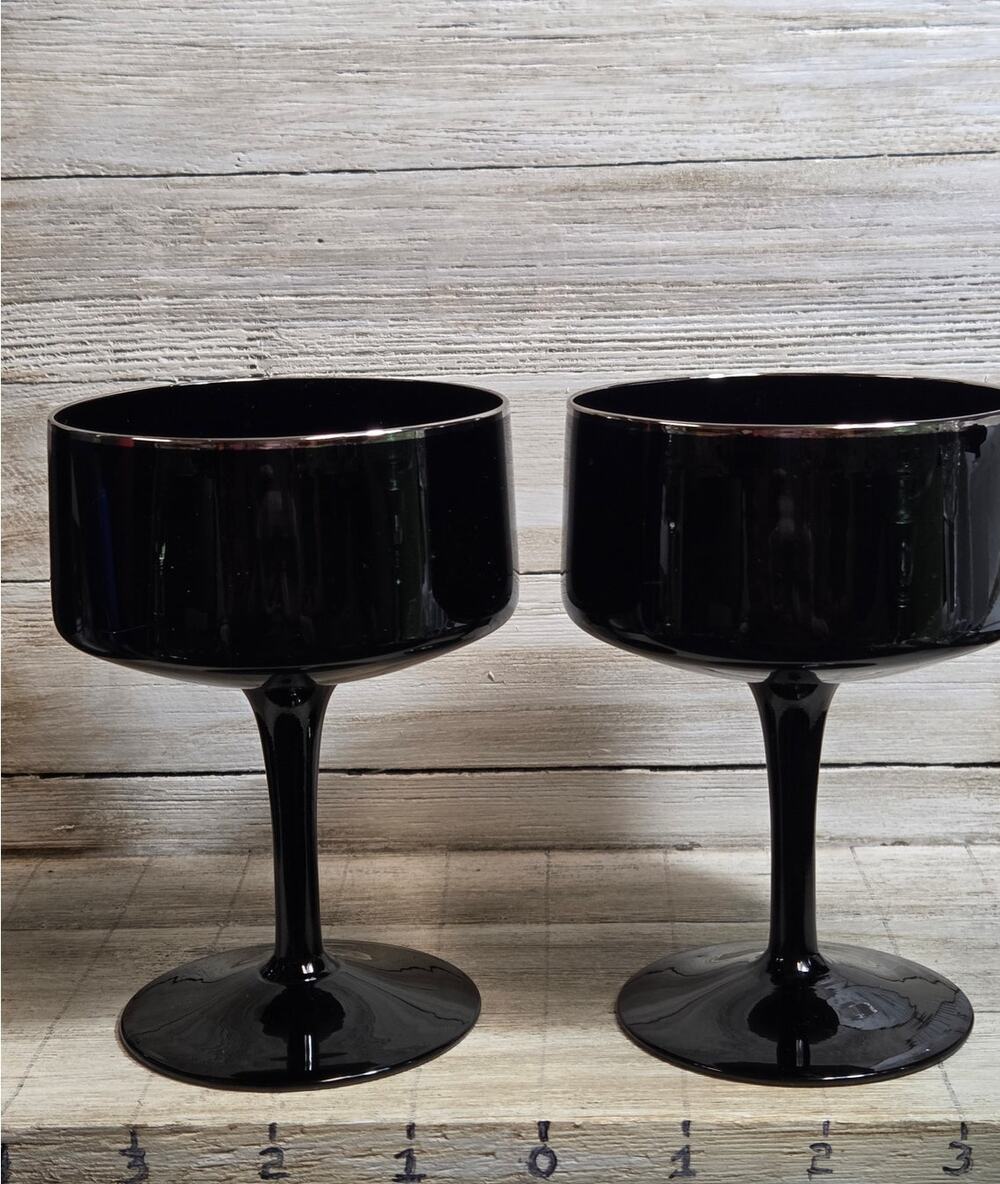 Lenox Venture Black Champagne Sherbet Glasses Pair Platinum Rim Vintage USA
